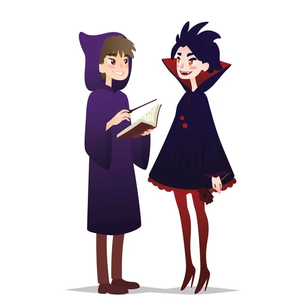 Paar Halloween tekens in cartoon stijl. Vector illustratie van jongen in kostuum van Wizard en meisje in kostuum van Vampire gekleed voor Halloween maskerade partij op witte achtergrond. Kostuums. — Stockvector