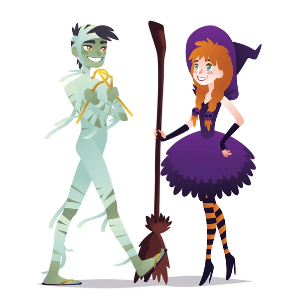 Paar Halloween tekens in cartoon stijl. Vector illustratie van jongen in kostuum van Mummy en meisje in kostuum van heks gekleed voor Halloween maskerade partij op witte achtergrond. Kostuums. — Stockvector