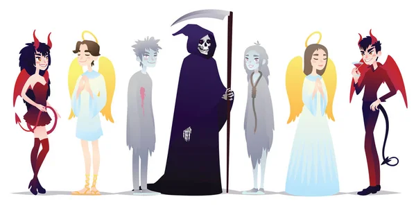 Halloween tekens in cartoon stijl. Vector illustratie van groep jongeren gekleed voor Halloween maskerade partij op witte achtergrond. Engelen en Deamons, dood en Chosts. Kostuums. — Stockvector