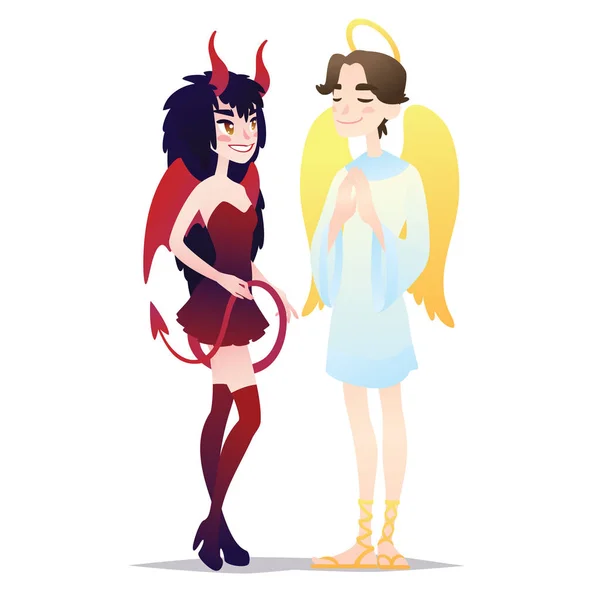 Couple of Halloween characters in cartoon style. Vector illustration of boy in costume of Angel and girl in costume of Devil dressed up for Halloween masquerade party on white background. Costumes. — Stock Vector