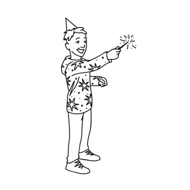 Sevimli çocuk şenlikli Kupası ve yıldız ile hoodie maytap izole beyaz arka plan üzerinde siyah çizgiler tutar. Kavram. Vektör çizim basit bir çizgi sanat tarzı sihirli değnek ile mutlu küçük çocuk