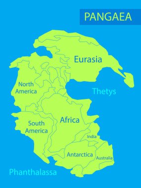Pangaea or Pangea. Vector illustration of supercontinent that existed during the late Paleozoic and early Mesozoic eras. Map of green ancient continent and ocean in flat style. Poster. Education clipart