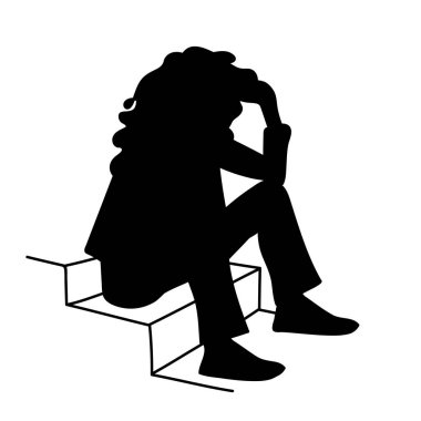 Merdivenlerde oturan kıvırcık saçlı kadın. Şablonu. Beyaz arka plan üzerinde izole oturan kızın siyah siluet vektör Illustration. Öğrenci. Kavram. Monochromous minimalizm
