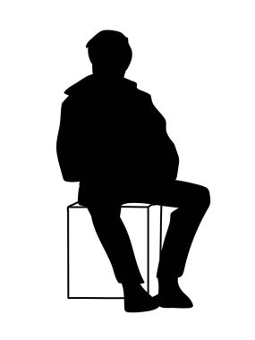 Kutu üzerinde oturan adam. Tek renkli minimalizm. Şablonu. Siyah adam beyaz arka plan üzerinde izole silüeti vektör Illustration. Kavramı