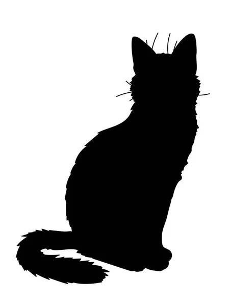 Lindo gato realista sentado. Ilustración vectorial de silueta de gatito. Figura negra sobre fondo blanco. Elemento para su diseño, impresión, pegatina. Gato negro esponjoso — Vector de stock