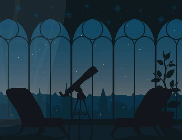 Vista panorámica desde la habitación a través de ventanas arqueadas hasta el cielo estrellado de la ciudad. Ilustración vectorial del interior con telescopio y paisaje urbano. Observación astronómica. Escena para tu diseño . — Vector de stock