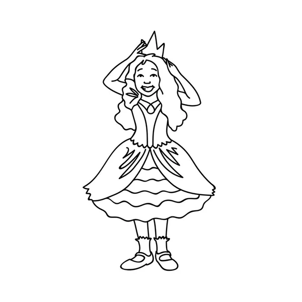 Sevimli kız şenlikli elbiseli taç düzeltir. İzole beyaz arka plan üzerinde siyah çizgiler. Kavram. Mutlu küçük Prenses çizgi sanat tarzı vektör Illustration. Elle çizilmiş kroki. Tek renkli minimalizm. — Stok Vektör