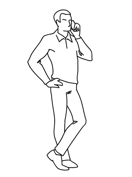 Man standing and talking on the phone. Front view. Monochrome vector illustration of adult man in shirt calling by phone in simple line art style. Black lines isolated on white background. Concept — Stock Vector