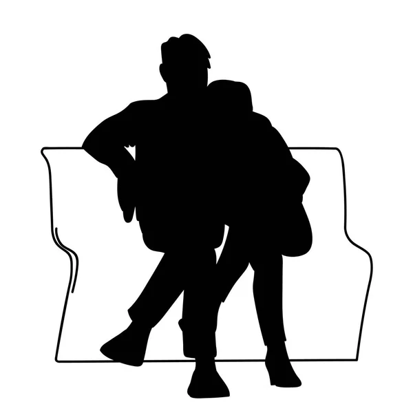 Pareja sentada en un banco. Stencil. Ilustración vectorial de silueta negra de hombre abrazando a mujer aislada sobre fondo blanco. Concepto. Minimalismo monocromático — Vector de stock