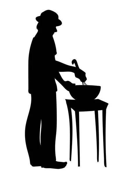 Man in hat prepares food. Guy standing, stirring ingredients in bowl. Vector illustration of black silhouette of man cooks cookies isolated on white background. Stencil. Concept — Stock Vector