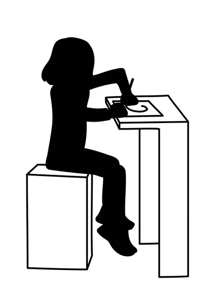 Little girl sitting at table and drawing or writing on list of paper. Black silhouette isolated on white background. Vector illustration of little girl. Monochromatic minimalism. Stencil — Stock Vector