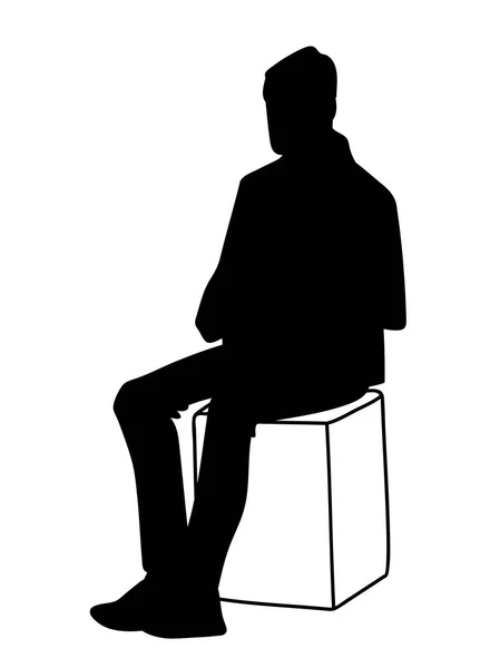 Mann sitzt auf Kiste. Schablone. Vektor-Illustration der schwarzen Silhouette des Menschen isoliert auf weißem Hintergrund. Konzept. Monochromatischer Minimalismus — Stockvektor