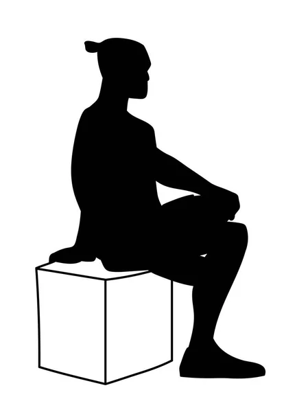 Hombre sentado en la caja con un pie en la rodilla. Stencil. Concepto. Ilustración vectorial silueta negra del hombre aislado sobre fondo blanco. Minimalismo monocromático — Vector de stock