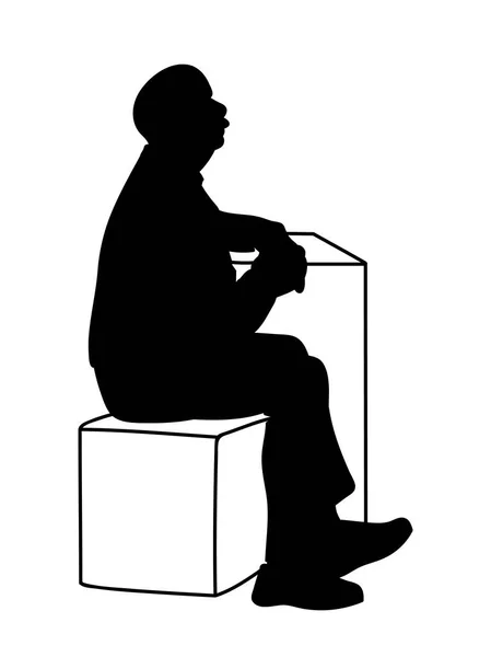 Old man crossing his hands, sitting on box and leaning on table. Stencil. Vector illustration of black silhouette of old man isolated on white background. Concept. Monochromatic minimalism — Stock Vector