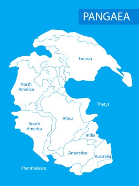Pangaea veya Pangea. Geç Paleozoik ve erken Mesozoik dönemlerde var olan süperkıta vektör Illustration. Düz tarzda harita. Tasarım, baskı, eğitim için element. Poster.