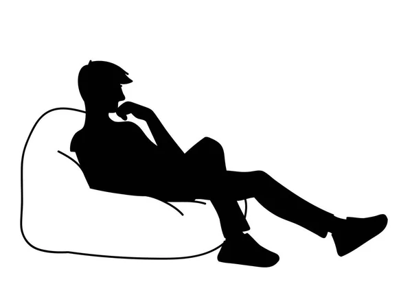 Mujer sentada sobre una almohada grande. Stencil. Ilustración vectorial de silueta negra aislada sobre fondo blanco. Chica pensativa sentada, una pierna doblada, otra recta. Concepto. Minimalismo monocromático — Vector de stock
