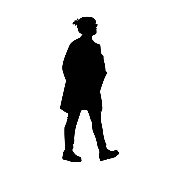 Woman takes a walk. Concept. Vector illustration of silhouette of walking woman. Stencil. Black silhouette isolated on white background. Monochrome minimalism — Stock Vector