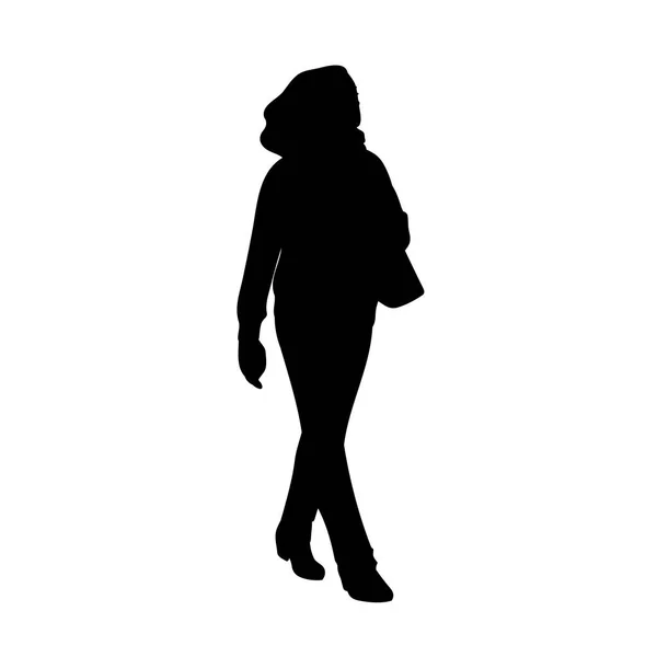 Una mujer dando un paseo. Concepto. Ilustración vectorial de la silueta de la mujer en pantalones caminando en algún lugar solo. Stencil. Silueta negra aislada sobre fondo blanco. Minimalismo monocromático — Vector de stock