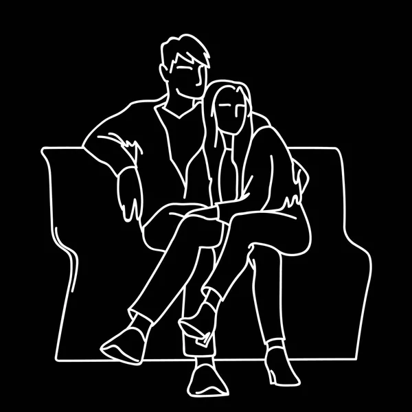 Пара сидящих на скамейке. Векторная монохромная иллюстрация молодого мужчины, обнимающего женщину, смотрящего далеко в стиле минимализма. Белые линии изолированы на черном фоне. Рисунок — стоковый вектор