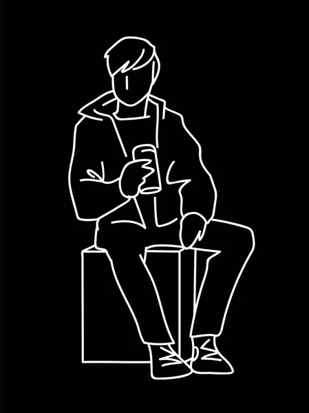 Man sitting on cube with can of soda or other soft drink. White lines isolated on black background. Consept. Vector illustration of man in simple line art style. Monochromatic hand drawn sketch. — Stock Vector