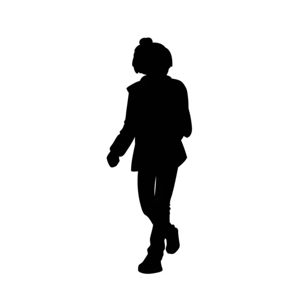 Adolescente mignonne faisant une promenade. Silhouette noire isolée sur fond blanc. Vue latérale. Illustration vectorielle monochrome d'une adolescente marchant. Concept . — Image vectorielle