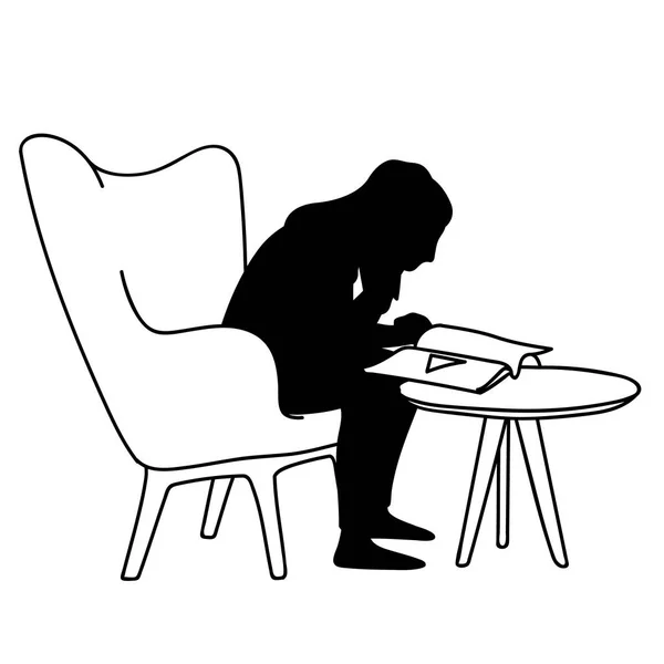 Жінка сидить на м'якому кріслі перед журналом для читання. Векторна ілюстрація силуету дівчини, яка уважно дивиться на книгу. Поняття. Стьобана. Чорний силует на білому тлі — стоковий вектор