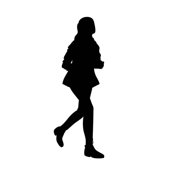 Девочка-подросток с длинными волосами. Черный силуэт выделен на белом фоне. Концепция. Векторная иллюстрация бегуньи в уличной одежде. Трафарет. Монохромный минимализм — стоковый вектор
