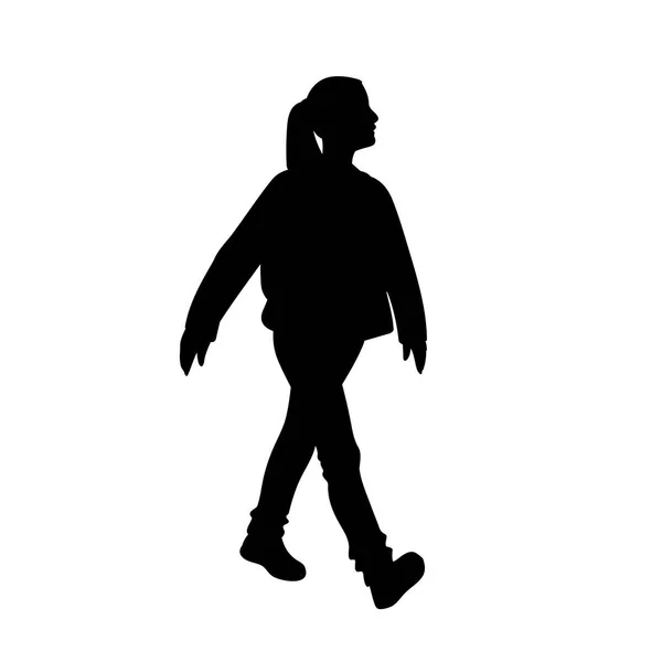Una chica dando un paseo. Silueta negra aislada sobre fondo blanco. Concepto. Ilustración vectorial de chica en ropa de calle que va a dar un paseo. Stencil. Minimalismo monocromático — Vector de stock