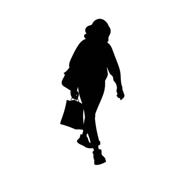 Girl with curly hair walking. Black silhouette isolated on white background. Concept. Vector illustration of girl with shopping package. Stencil. Monochrome minimalism — Stock Vector
