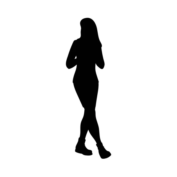 Girl with long hair taking a walk, looking away. Black silhouette on white background. Concept. Vector illustration of girl in skirt and boots going for a stroll. Stencil. Monochrome minimalism Royalty Free Stock Illustrations