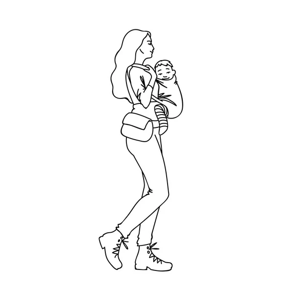 Jovem mãe com carrinho de bebê dando um passeio com seu bebê. Linhas pretas isoladas sobre fundo branco. Conceito. Ilustração vetorial de mulher com criança em estilo de arte de linha simples. Desenho desenhado à mão . —  Vetores de Stock