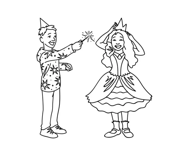 Des enfants heureux qui s'amusent. Illustration vectorielle monochrome de garçon et de fille se plaçant ensemble sur fond blanc. Garçon en chapeau de fête tient baguette magique dans sa main et fille en robe corrige couronne sur sa tête . — Image vectorielle