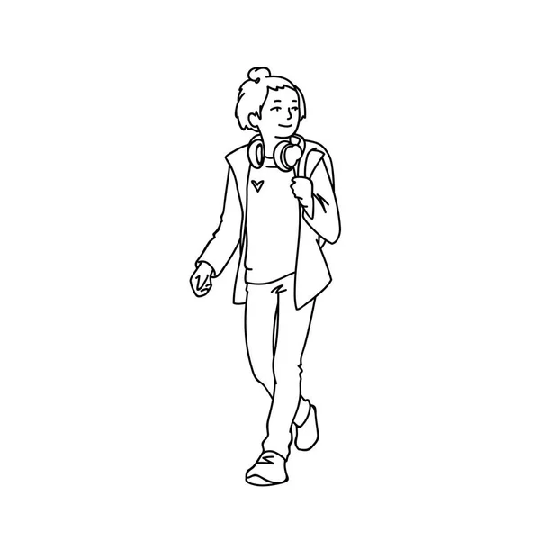 Menina adolescente bonito com fones de ouvido e mochila a dar um passeio. Ilustração vetorial monocromática de menina adolescente de jaqueta, jeans e tênis andando. Linhas pretas isoladas sobre fundo branco . —  Vetores de Stock