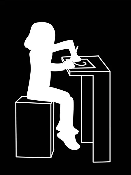 Mała dziewczynka siedzi przy stole i rysunek lub piśmie na liście papieru. Biała sylwetka wyizolowana na czarnym tle. Wektor ilustracji małej dziewczynki. Monochromatyczny minimalizm. Wzornik. — Wektor stockowy