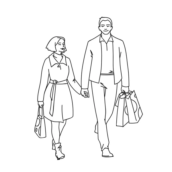 Grand homme avec des paquets et une femme marchant avec lui par la main. Illustration vectorielle monochrome de deux jeunes gens faisant du shopping dans un style d'art linéaire simple. Lignes noires isolées sur fond blanc . — Image vectorielle