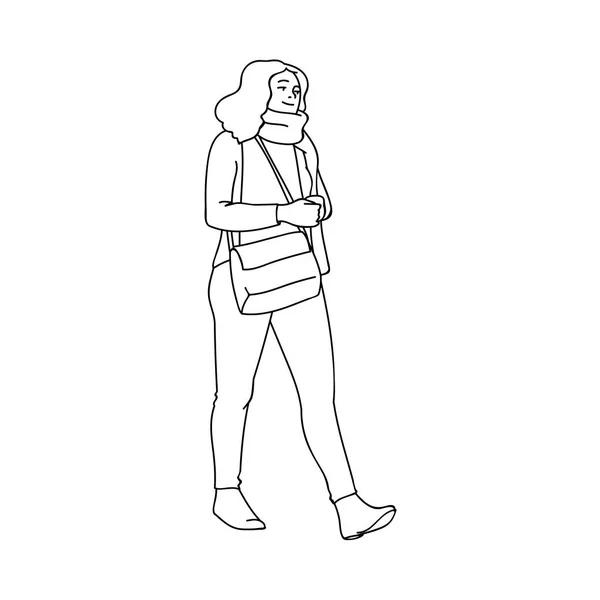 Linda chica con bandolera dando un paseo. Líneas negras aisladas sobre fondo blanco. Concepto. Ilustración vectorial de chica en bufanda dando un paseo en estilo de arte de línea simple. Minimalismo monocromático . — Archivo Imágenes Vectoriales