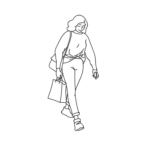 Linda chica en jeans, suéter y zapatillas de deporte caminando, mirando hacia abajo. Líneas negras aisladas sobre fondo blanco. Concepto. Ilustración vectorial de chica con paquete de compras en estilo de arte de línea simple . — Vector de stock