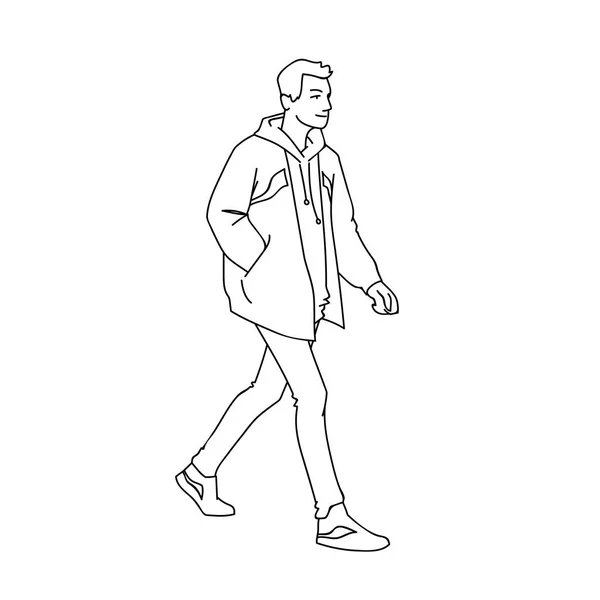 Un joven deportivo dando un paseo. Vista lateral. Ilustración vectorial monocromática del hombre en chaqueta, jeans y zapatillas de deporte caminando en estilo de arte de línea simple. Líneas negras aisladas sobre fondo blanco. Concepto — Vector de stock