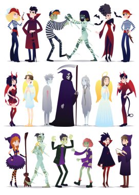 Cadılar Bayramı kostümleri. Beyaz arka plan üzerinde izole Cadılar Bayramı maskeli parti için giyinmiş gençlerin Vektör illüstrasyon. Karikatür tarzında Cadılar Bayramı karakterleri Çiftler