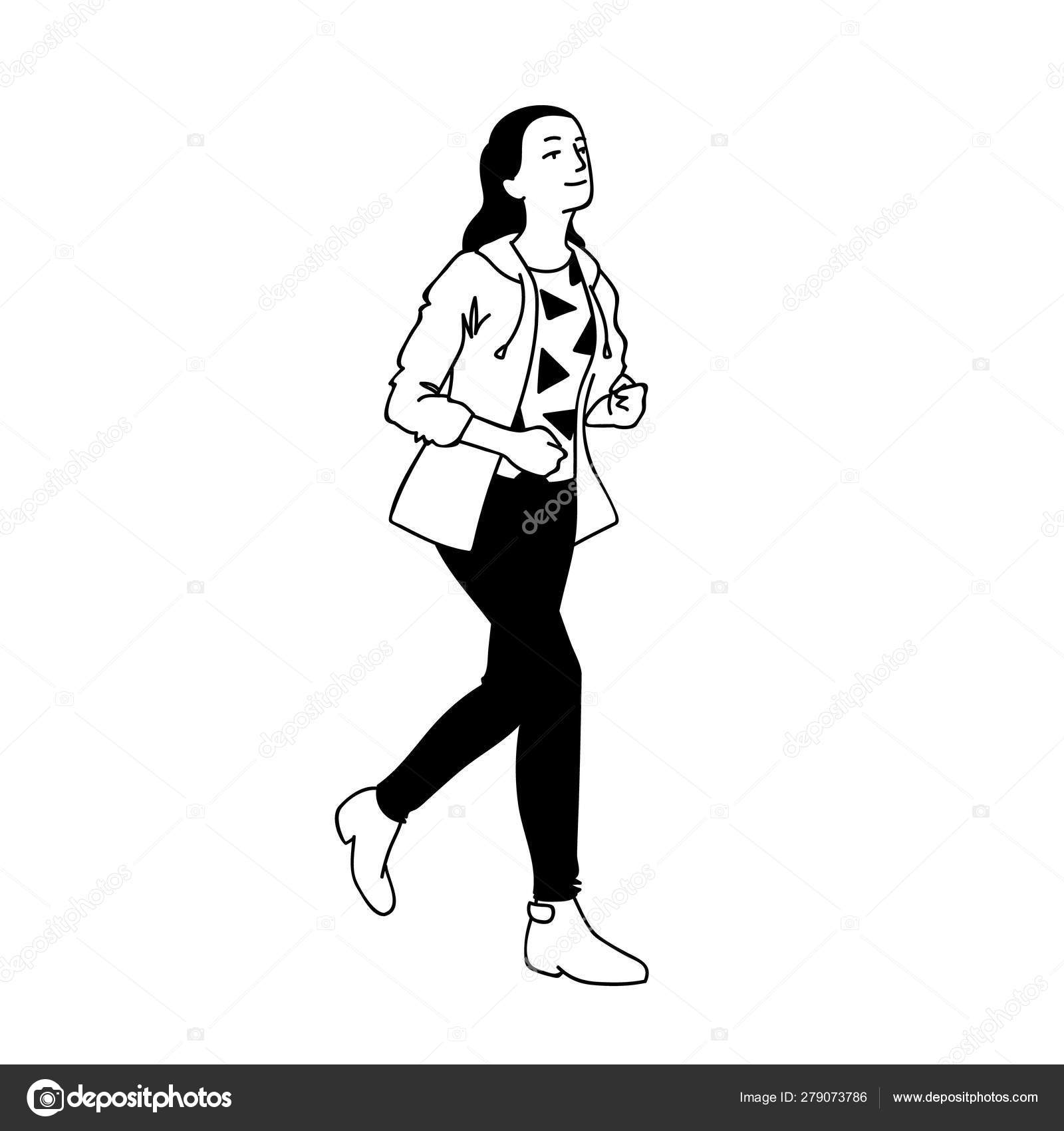 Teenage Girl In Streetwear Running Hurriedly Concept