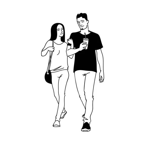 Dois jovens a dar um passeio juntos. Vista frontal. Ilustração vetorial monocromática do homem com xícara de refrigerante e mulher andando com ele pela mão em estilo de arte de linha simples no fundo branco . —  Vetores de Stock