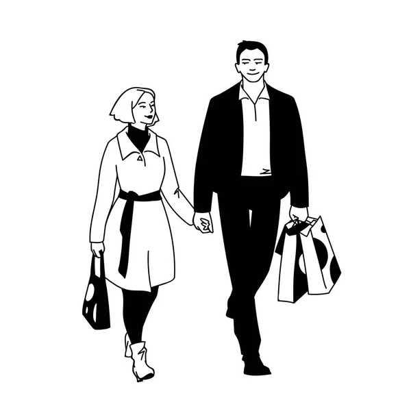 Deux jeunes qui font du shopping. Vue de face. Illustration vectorielle monochrome de l'homme avec des paquets et de la femme marchant avec lui à la main dans un style d'art simple ligne isolé sur fond blanc . — Image vectorielle