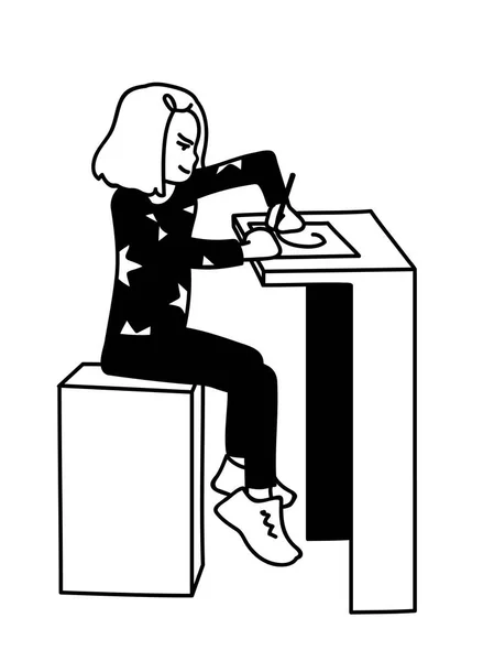 Malá holčička sedí na židličce a kreslí. Pohled ze strany. Monochromatická vektorová ilustrace šťastné dívky dostává potěšení z jejího hobby v jednoduchém stylu výtvarného umění, izolovaná na bílém pozadí. Koncept. — Stockový vektor