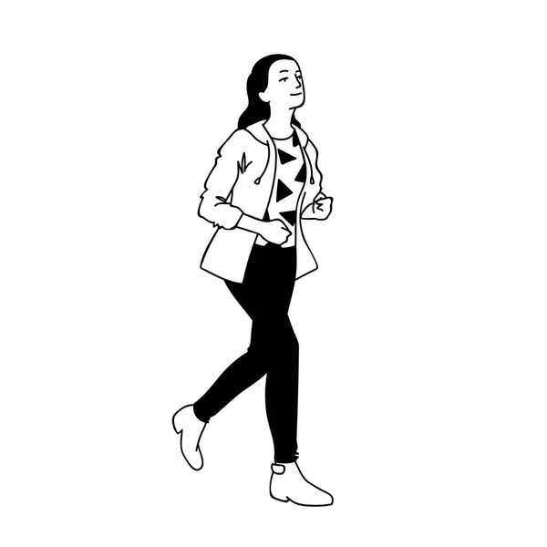 Teenage girl in streetwear running hurriedly. Concept. Monochrome vector illustration of cute girl with long hair hurry somewhere isolated on white background. Hand drawn sketch. — Stock Vector