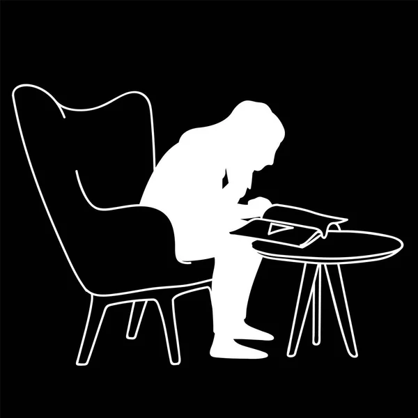 Vrouw zittend op zachte fauteuil voor salontafel, lezen magazine. Vector illustratie van silhouet van meisje nauw te peering in boek. Concept. Stencil. Wit silhouet op zwarte achtergrond. — Stockvector