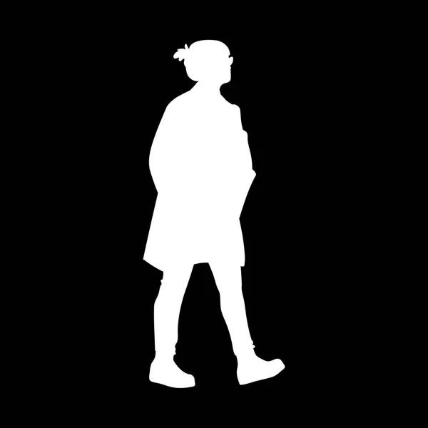 Woman takes a walk. Concept. Vector illustration of silhouette of walking woman. Stencil. White silhouette isolated on black background. Monochrome minimalism. — Stock Vector