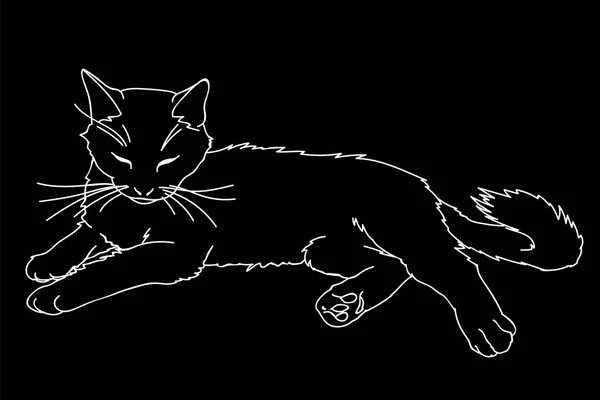 Niedliche realistische Katzenhaltung. Vektor-Illustration von Kitty isoliert auf schwarzem Hintergrund. Element für Ihr Design, Druck, Aufkleber. schwarze Katze im einfachen Skizzenstil. Lineart und Silhouette. weiße Linien — Stockvektor