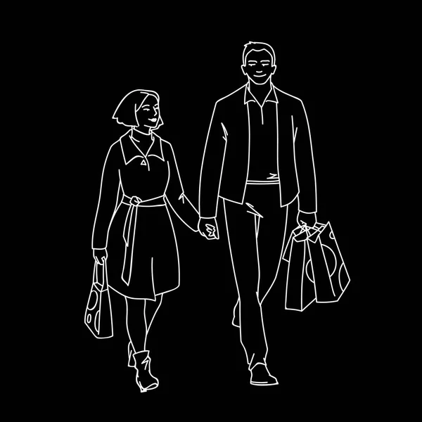 Homem alto com pacotes e mulher caminhando com ele pela mão. Ilustração vetorial monocromática de casal de jovens comprando em estilo de arte de linha simples. Linhas brancas isoladas em fundo preto . —  Vetores de Stock