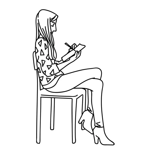 Uma mulher sentada no cabelo, a escrever algo no seu livro. Ilustração vetorial da menina com caneta e caderno. Esboço. Arte de linha. Linhas pretas no fundo branco. Leitura de anotações de estudantes . —  Vetores de Stock