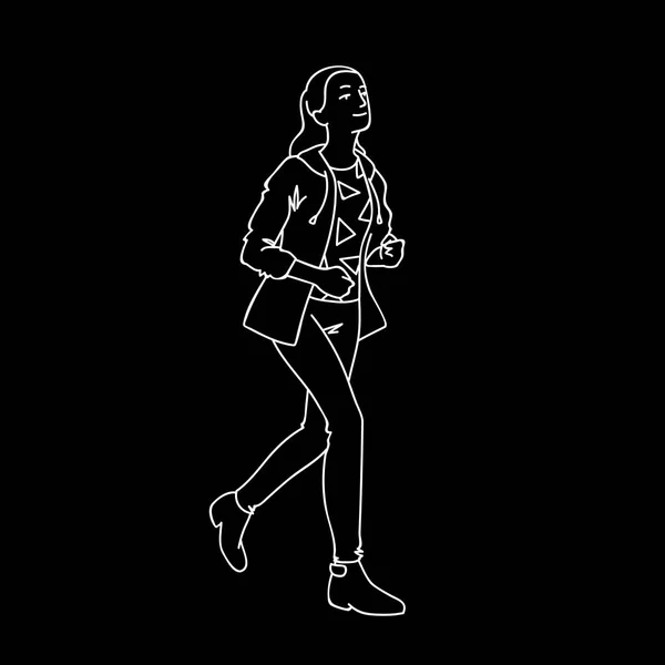 Menina bonito com cabelo comprido correndo. Linhas brancas isoladas em fundo preto. Ilustração vetorial de menina corredor em streetwear em estilo de arte de linha simples. Esboço desenhado à mão. minimalismo monocromático . — Vetor de Stock